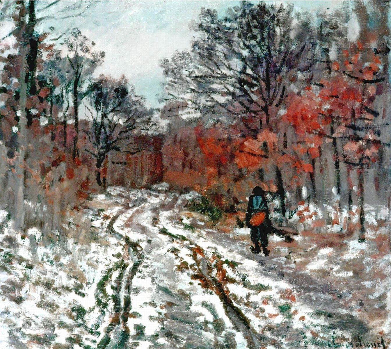 Клод Моне картина Тропинка в лесу. Эффект снега. 1870г